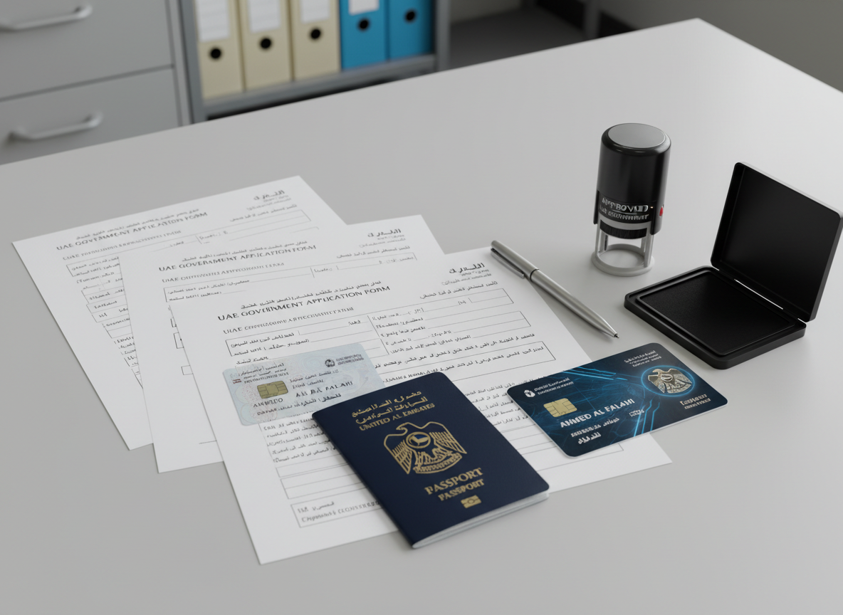 A close-up, meticulously arranged set of UAE government application documents laid out on a smooth, light grey desk surface, including bilingual Arabic–English forms, an open passport showing a visa page, and a neatly positioned Emirates ID card mockup. Beside them rests a high-quality black stamp, an ink pad, and a slim silver ballpoint pen aligned parallel to the paper edges. Overhead neutral office lighting provides even, shadow-soft illumination, enhancing the clarity of printed text and official seals. The background fades into a subtle blur of an organized file cabinet and labeled folders. Captured from a slightly elevated angle following the rule of thirds, the composition feels structured and methodical, reinforcing a calm, efficient, corporate atmosphere with clean, photographic realism.