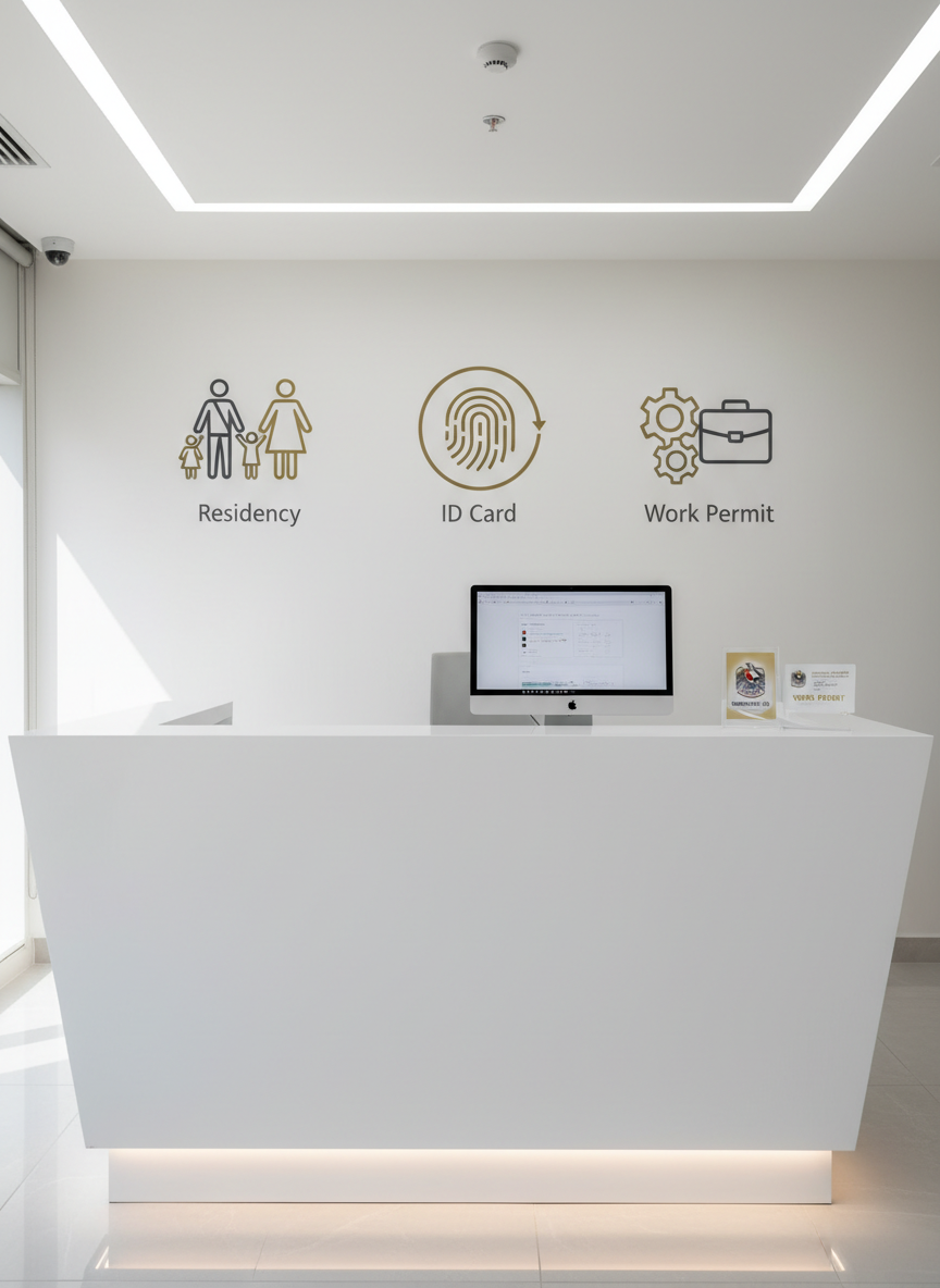An immaculate front desk setup for a UAE government transaction service office, featuring a sleek white reception counter with sharp, clean lines and a discreet embedded LED light strip along the bottom edge. On the counter, a slim all-in-one monitor displays a blurred dashboard interface, next to a small acrylic stand holding sample Emirates ID and work card mockups. Behind, a wall with large, minimalist icons representing residency, ID, and work permits in muted gold and charcoal tones. Soft, cool-white ceiling lighting and a faint wash of daylight create an evenly lit, calm environment. Shot from a slightly wide, eye-level perspective, the composition emphasizes symmetry and balance, presenting a polished, professional, and trustworthy corporate aesthetic in photographic realism.